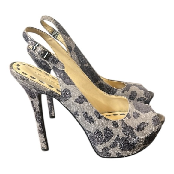 Enzo Angiolini Grey and Black Animal Print Slingback Platform 5” Heels Size 8 - Picture 1 of 16